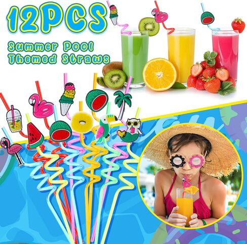 Zubebe 61 Pcs Pool Party Favors for Kids Include 12 Party Sunglasses, 12 Drinking Straws, 12 Drawstring Gift Bags, 12 Silicone Bracelets, 12 Button Pins, 50 Stickers for Summer Pool Party Supplies in Saudi Arabia