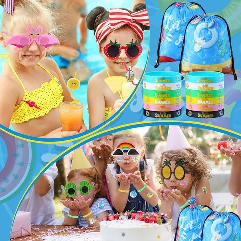 Zubebe 61 Pcs Pool Party Favors for Kids Include 12 Party Sunglasses, 12 Drinking Straws, 12 Drawstring Gift Bags, 12 Silicone Bracelets, 12 Button Pins, 50 Stickers for Summer Pool Party Supplies in Saudi Arabia