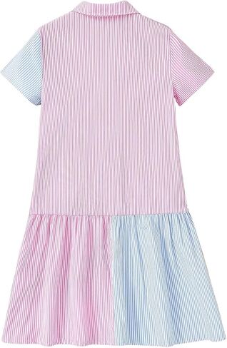Girl's Color Block Striped Print Shirt Dresses Patchwork Short Sleeve Button Down Collared Dress in Saudi Arabia