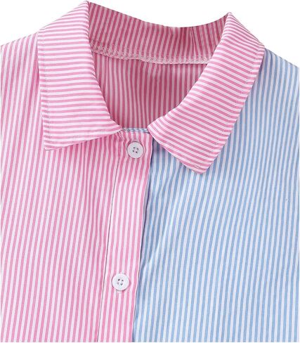 Girl's Color Block Striped Print Shirt Dresses Patchwork Short Sleeve Button Down Collared Dress in Saudi Arabia