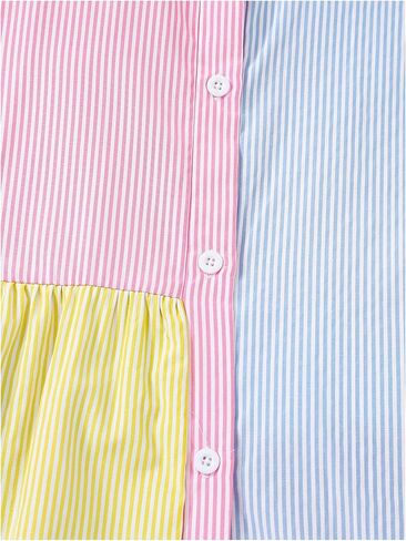 Girl's Color Block Striped Print Shirt Dresses Patchwork Short Sleeve Button Down Collared Dress in Saudi Arabia