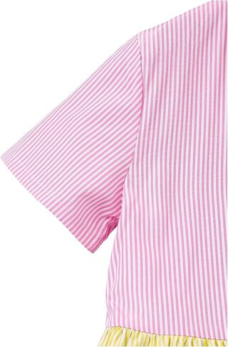 Girl's Color Block Striped Print Shirt Dresses Patchwork Short Sleeve Button Down Collared Dress in Saudi Arabia