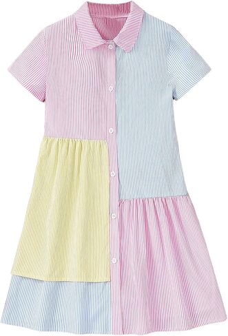 Girl's Color Block Striped Print Shirt Dresses Patchwork Short Sleeve Button Down Collared Dress in Saudi Arabia