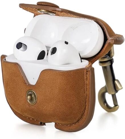 حافظة جلدية أصلية للجيل الثالث من AirPods 2021، حقيبة سفر محمولة من جلد البقر من Hiram Crazy Horse لأجهزة Airpods 3rd Gen، حافظات سماعات الرأس لحقيبة شحن AirPods من الجيل الثالث (بني) in Kuwait