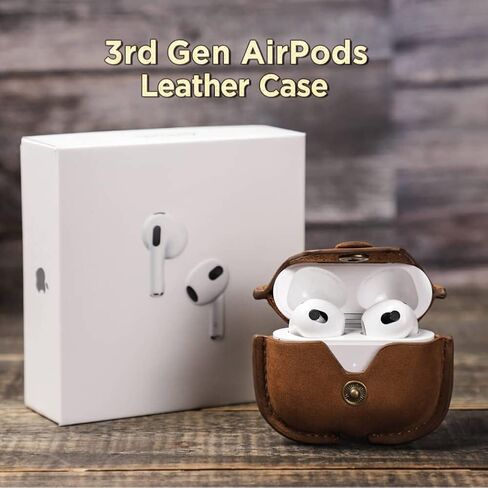 حافظة جلدية أصلية للجيل الثالث من AirPods 2021، حقيبة سفر محمولة من جلد البقر من Hiram Crazy Horse لأجهزة Airpods 3rd Gen، حافظات سماعات الرأس لحقيبة شحن AirPods من الجيل الثالث (بني) in Kuwait
