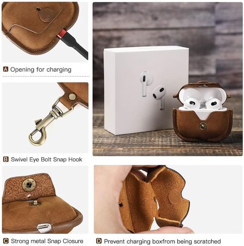 حافظة جلدية أصلية للجيل الثالث من AirPods 2021، حقيبة سفر محمولة من جلد البقر من Hiram Crazy Horse لأجهزة Airpods 3rd Gen، حافظات سماعات الرأس لحقيبة شحن AirPods من الجيل الثالث (بني) in Kuwait