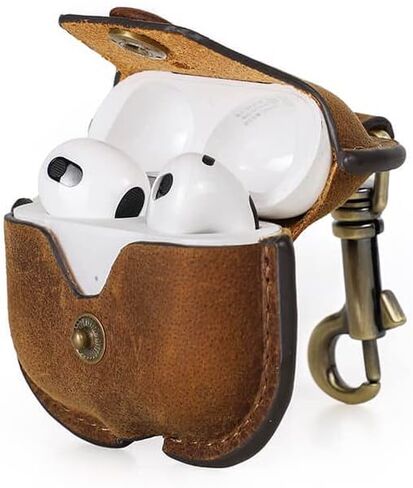 حافظة جلدية أصلية للجيل الثالث من AirPods 2021، حقيبة سفر محمولة من جلد البقر من Hiram Crazy Horse لأجهزة Airpods 3rd Gen، حافظات سماعات الرأس لحقيبة شحن AirPods من الجيل الثالث (بني) in Kuwait