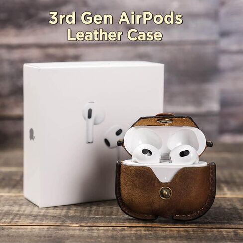 حافظة جلدية أصلية للجيل الثالث من AirPods 2021، حقيبة سفر محمولة من جلد البقر من Hiram Crazy Horse لأجهزة Airpods 3rd Gen، حافظات سماعات الرأس لحقيبة شحن AirPods من الجيل الثالث (بني) in Kuwait