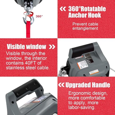 FITHOIST ونش الحفر المحمول 1000 رطل، ونش يعمل بالحفر مع حبل سلك فولاذي من سبائك 40 قدمًا، ونش تحذير يدوي للرفع والسحب والمناولة والمقطورة (أحمر) in Kuwait