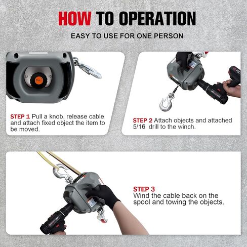 FITHOIST ونش الحفر المحمول 1000 رطل، ونش يعمل بالحفر مع حبل سلك فولاذي من سبائك 40 قدمًا، ونش تحذير يدوي للرفع والسحب والمناولة والمقطورة (أحمر) in Kuwait