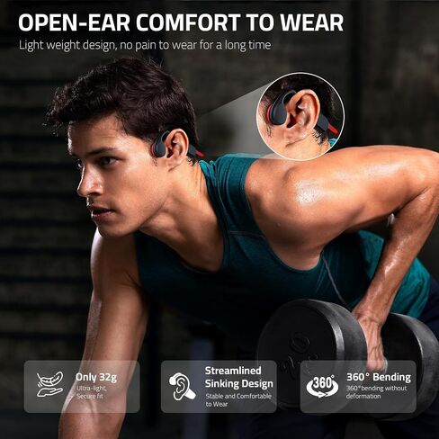 Bone Conduction Open Ear Headphones with 5.3 Bluetooth Sweat Resistant Wireless Earphones, IPX8 Waterproof Underwater Swimming Built-in 32G MP3 for Running (X7-Blackred) in Saudi Arabia