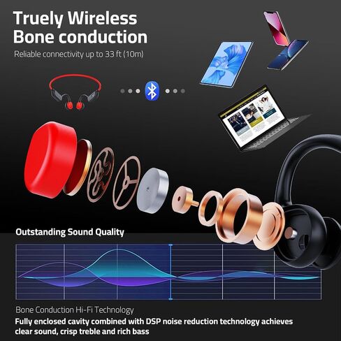 Bone Conduction Open Ear Headphones with 5.3 Bluetooth Sweat Resistant Wireless Earphones, IPX8 Waterproof Underwater Swimming Built-in 32G MP3 for Running (X7-Blackred) in Saudi Arabia