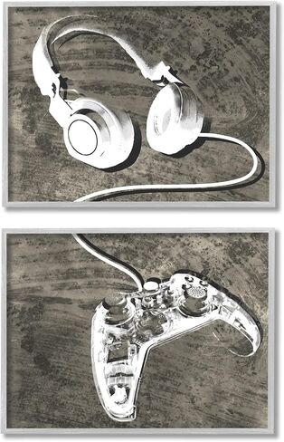 Stupell Industries Kids' Entertainment Accessories Rustic Headphones Video Game Controller, Designed by Daphne Polselli Gray Framed Wall Art, 20 x 16, White in Saudi Arabia
