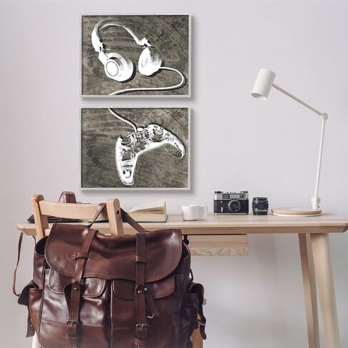 Stupell Industries Kids' Entertainment Accessories Rustic Headphones Video Game Controller, Designed by Daphne Polselli Gray Framed Wall Art, 20 x 16, White in Saudi Arabia