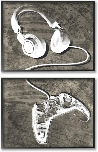 Stupell Industries Kids' Entertainment Accessories Rustic Headphones Video Game Controller, Designed by Daphne Polselli Black Framed Wall Art, 30 x 24, White in Saudi Arabia