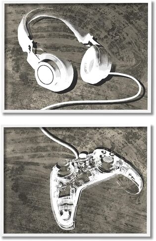 Stupell Industries Kids' Entertainment Accessories Rustic Headphones Video Game Controller, Designed by Daphne Polselli White Framed Wall Art, 30 x 24 in Saudi Arabia