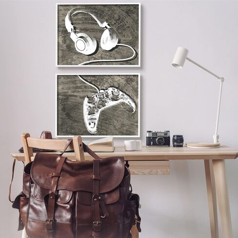 Stupell Industries Kids' Entertainment Accessories Rustic Headphones Video Game Controller, Designed by Daphne Polselli White Framed Wall Art, 30 x 24 in Saudi Arabia