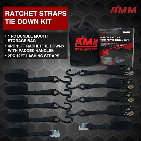 حزام ربط السقاطة من AMM (6 عبوات)، 1500 رطل مضمونة لقوة الكسر القصوى، 4 قطع من أربطة السقاطة الممتازة بطول 15 قدمًا مع مقابض مبطنة، قطعتان من أشرطة الرموش بطول 12 قدمًا يصل وزنها إلى 600 رطل، الأفضل للتحرك، وتأمين البضائع in Kuwait