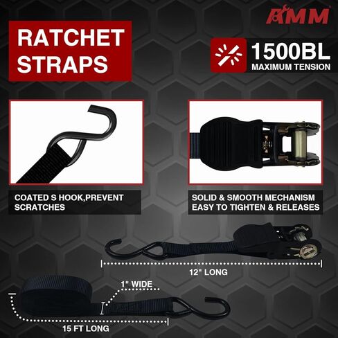 حزام ربط السقاطة من AMM (6 عبوات)، 1500 رطل مضمونة لقوة الكسر القصوى، 4 قطع من أربطة السقاطة الممتازة بطول 15 قدمًا مع مقابض مبطنة، قطعتان من أشرطة الرموش بطول 12 قدمًا يصل وزنها إلى 600 رطل، الأفضل للتحرك، وتأمين البضائع in Kuwait