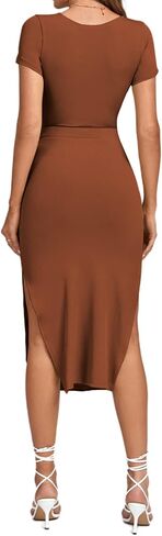 فستان LYANER نسائي ملتف بفتحة أمامية وحاشية مقسمة ورقبة على شكل حرف V وأكمام قصيرة محبوكة متوسط ​​الطول in Kuwait