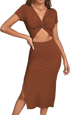 فستان LYANER نسائي ملتف بفتحة أمامية وحاشية مقسمة ورقبة على شكل حرف V وأكمام قصيرة محبوكة متوسط ​​الطول in Kuwait