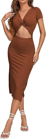 فستان LYANER نسائي ملتف بفتحة أمامية وحاشية مقسمة ورقبة على شكل حرف V وأكمام قصيرة محبوكة متوسط ​​الطول in Kuwait