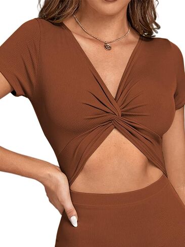 فستان LYANER نسائي ملتف بفتحة أمامية وحاشية مقسمة ورقبة على شكل حرف V وأكمام قصيرة محبوكة متوسط ​​الطول in Kuwait