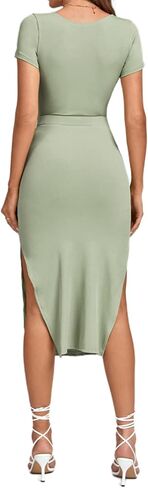 LYANER Women's Twist Front Cut Out Split Hem V Neck Short Sleeve Knit Bodycon Midi Dress in Saudi Arabia