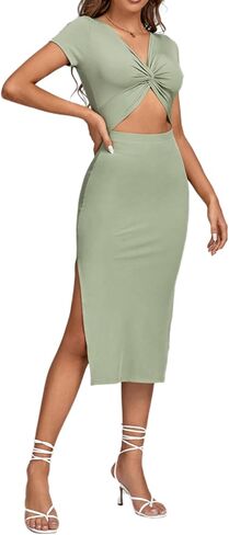 LYANER Women's Twist Front Cut Out Split Hem V Neck Short Sleeve Knit Bodycon Midi Dress in Saudi Arabia