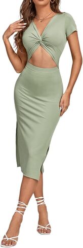 LYANER Women's Twist Front Cut Out Split Hem V Neck Short Sleeve Knit Bodycon Midi Dress in Saudi Arabia