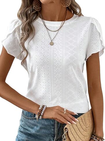 MakeMeChic Women's Casual Solid Eyelet Schiffy Summer T Shirt Crew Neck Petal Short Sleeve Solid Tee Tops in Saudi Arabia