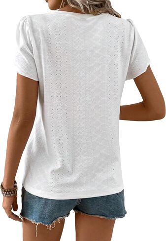 MakeMeChic Women's Casual Solid Eyelet Schiffy Summer T Shirt Crew Neck Petal Short Sleeve Solid Tee Tops in Saudi Arabia