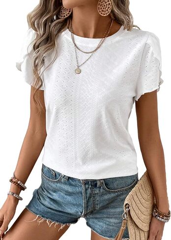 MakeMeChic Women's Casual Solid Eyelet Schiffy Summer T Shirt Crew Neck Petal Short Sleeve Solid Tee Tops in Saudi Arabia