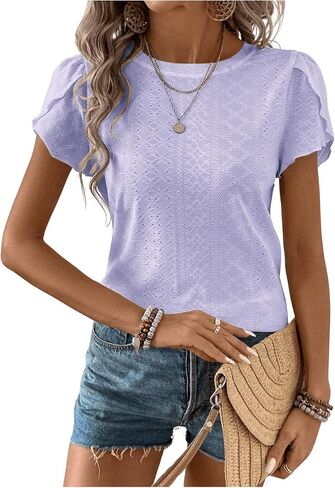 MakeMeChic Women's Casual Solid Eyelet Schiffy Summer T Shirt Crew Neck Petal Short Sleeve Solid Tee Tops in Saudi Arabia