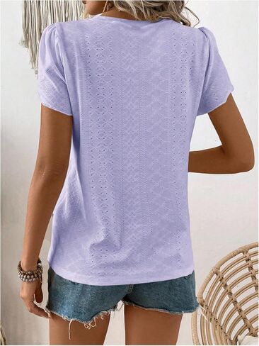 MakeMeChic Women's Casual Solid Eyelet Schiffy Summer T Shirt Crew Neck Petal Short Sleeve Solid Tee Tops in Saudi Arabia