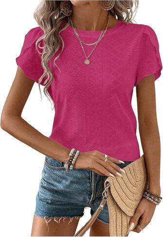 تي شيرت نسائي صيفي غير رسمي من MakeMeChic ذو عيينة صلبة من Schiffy برقبة دائرية وأكمام قصيرة بتلات تي شيرت سادة in Kuwait