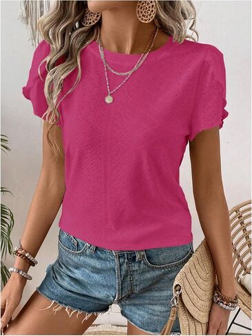 تي شيرت نسائي صيفي غير رسمي من MakeMeChic ذو عيينة صلبة من Schiffy برقبة دائرية وأكمام قصيرة بتلات تي شيرت سادة in Kuwait