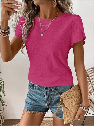 تي شيرت نسائي صيفي غير رسمي من MakeMeChic ذو عيينة صلبة من Schiffy برقبة دائرية وأكمام قصيرة بتلات تي شيرت سادة in Kuwait