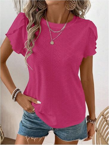 تي شيرت نسائي صيفي غير رسمي من MakeMeChic ذو عيينة صلبة من Schiffy برقبة دائرية وأكمام قصيرة بتلات تي شيرت سادة in Kuwait