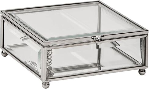 Hinged Mirrored Claro Glass Jewelry Box, Metal Trim and Feet, 4.75" x 4.75", Gift Boxed in Saudi Arabia