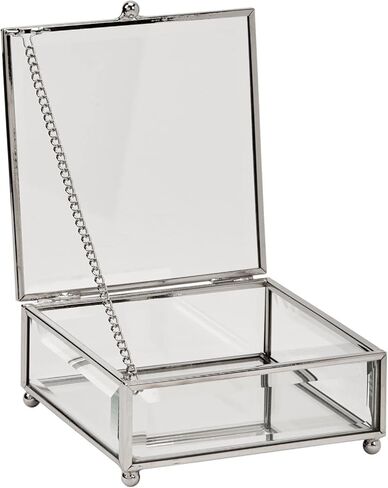 Hinged Mirrored Claro Glass Jewelry Box, Metal Trim and Feet, 4.75" x 4.75", Gift Boxed in Saudi Arabia