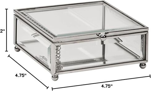 Hinged Mirrored Claro Glass Jewelry Box, Metal Trim and Feet, 4.75" x 4.75", Gift Boxed in Saudi Arabia