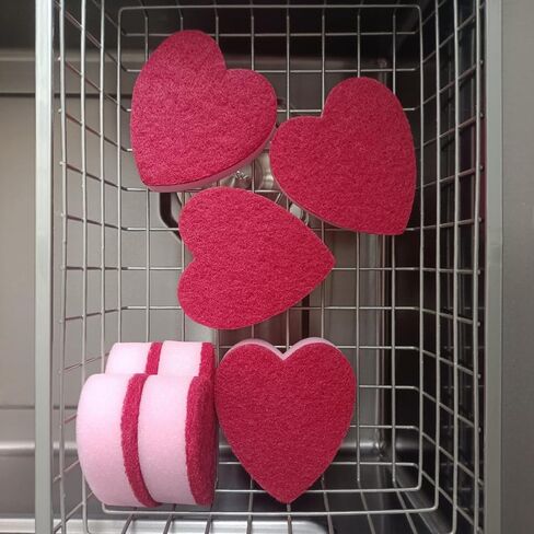 Heart Shaped Sponge, Dual-Sided Kitchen Scrubber for Washing Dishes, Pots, Pans and General Household Cleaning, Pink (6 Pack) in Saudi Arabia