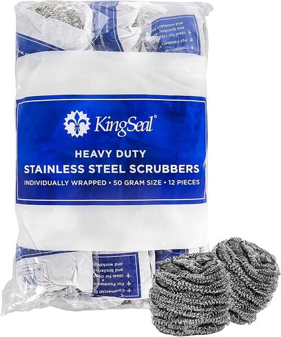 KingSeal Stainless Steel Scrubbers, Scrub Pads, Heavy Duty, 50 gram Weight, Individually Wrapped - 1 Pack of 12 Scrubbers in Kuwait