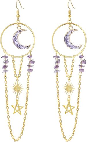 Sun Goddess Quartz Charm Earrings Star Moon Crystal Bohemian Hippie Celestial Earrings Witch Metaphysical Jewelry in Saudi Arabia