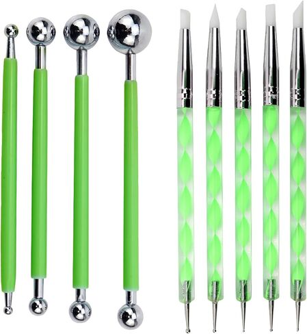 Wealrit 9 Pcs Clay Sculpting Tool, 5 Pieces 2 Way Metal Ceramic Clay Ball Stylus Dotting and Paper Flower Indentation Tool and 4 Pieces Double-Ended Metal Ball Stylus Tools(Pink,Light Green) in Saudi Arabia