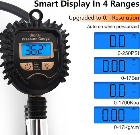 Digital Tire Inflator with Pressure Gauge, 250PSI Brass Air Chuck and Compressor Accessories, Heavy Duty Tire Pressure Gauge Compatible with Bicycle/Truck/SUV/Motorcyle/RV in Saudi Arabia