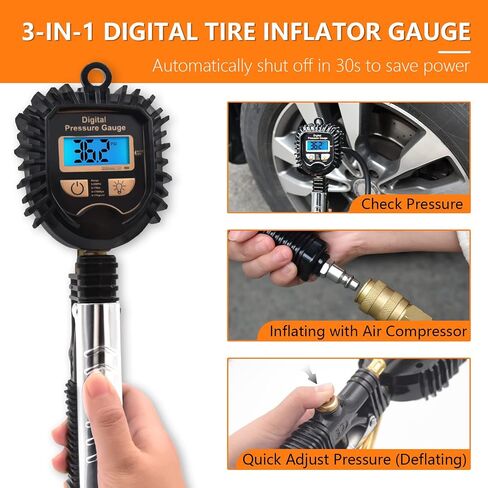Digital Tire Inflator with Pressure Gauge, 250PSI Brass Air Chuck and Compressor Accessories, Heavy Duty Tire Pressure Gauge Compatible with Bicycle/Truck/SUV/Motorcyle/RV in Saudi Arabia