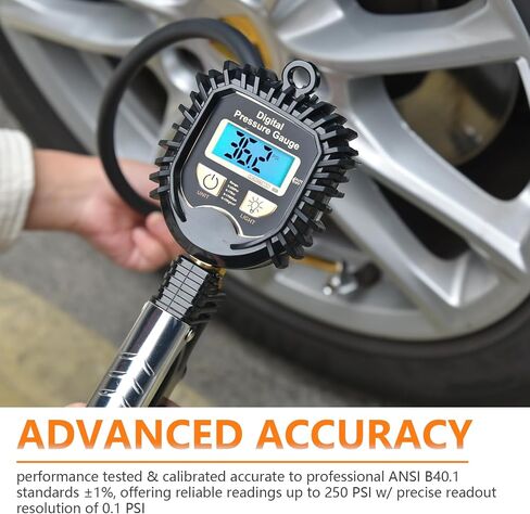 Digital Tire Inflator with Pressure Gauge, 250PSI Brass Air Chuck and Compressor Accessories, Heavy Duty Tire Pressure Gauge Compatible with Bicycle/Truck/SUV/Motorcyle/RV in Saudi Arabia