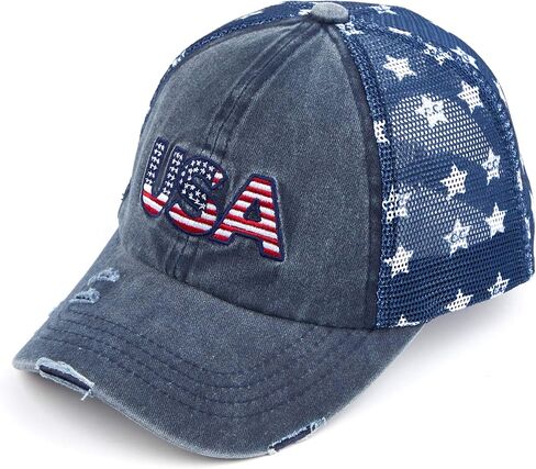Distressed Washed Denim Fabric America Flag Patch Trucker Baseball Cap (BA-912)(BA-914) in Saudi Arabia